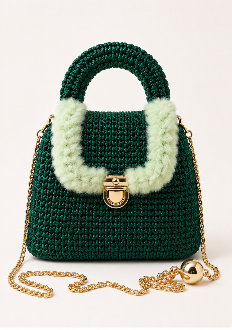 Green handbag with gold chain and light green top handle on a white background
