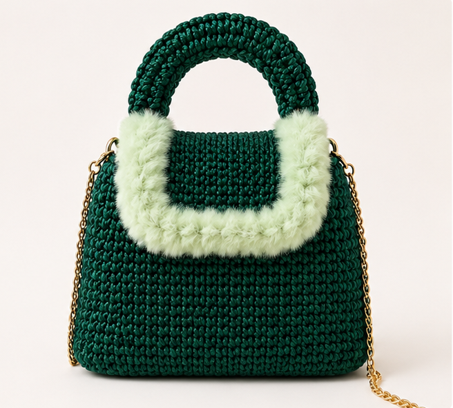 Green and white handbag with a gold chain on a light pink background