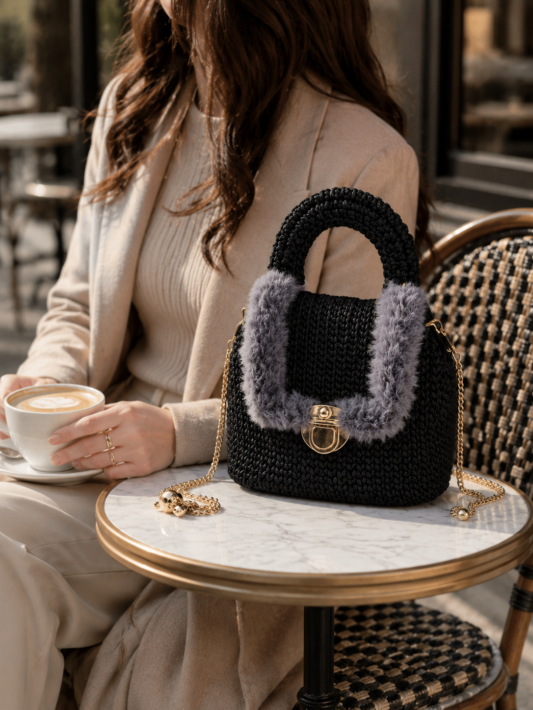 Woman sitting at a cafe table with a black handbag featuring gray fur accents.