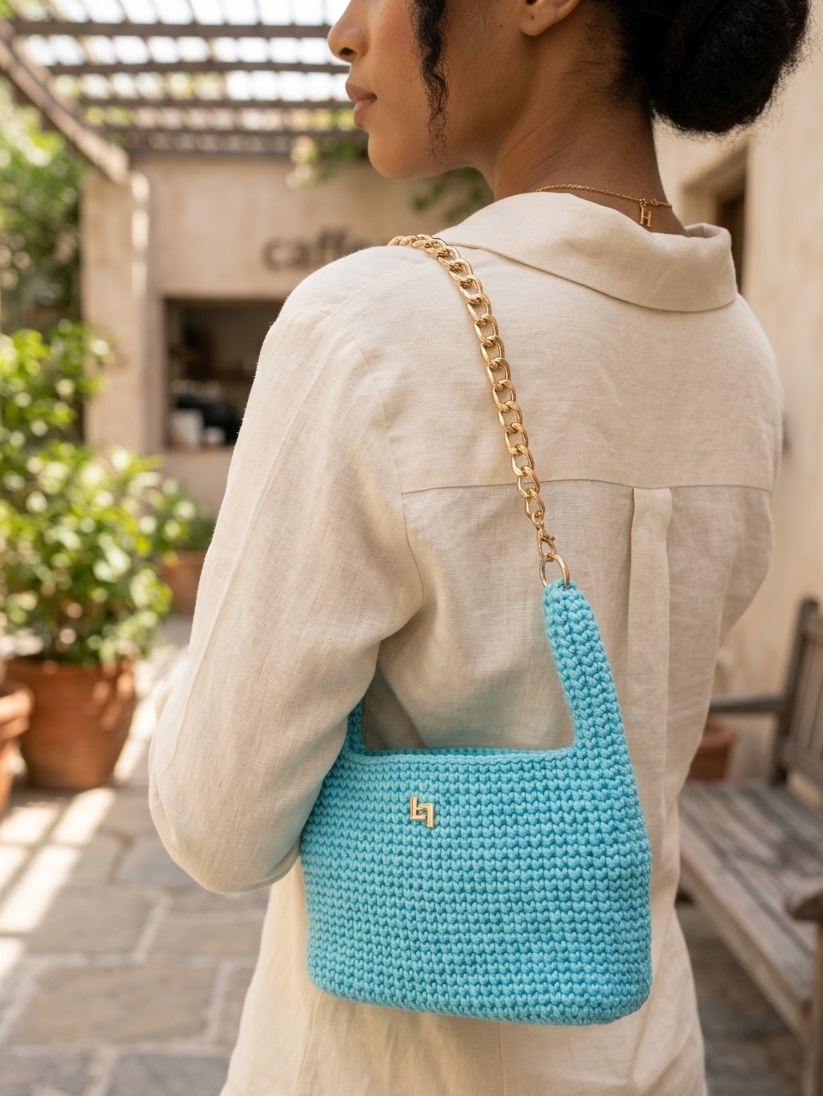 Handmade crochet handbag with structured silhouette, convertible chain handle, and gold-tone hardware.