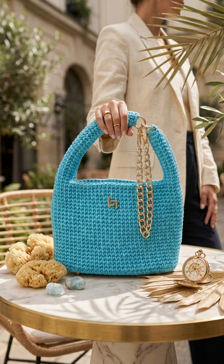 Handmade crochet handbag with structured silhouette, convertible chain handle, and gold-tone hardware.