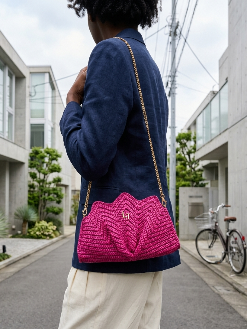 Handmade crochet statement handbag with sculptural pleated design, adjustable gold chain strap, and gold-tone hardware.