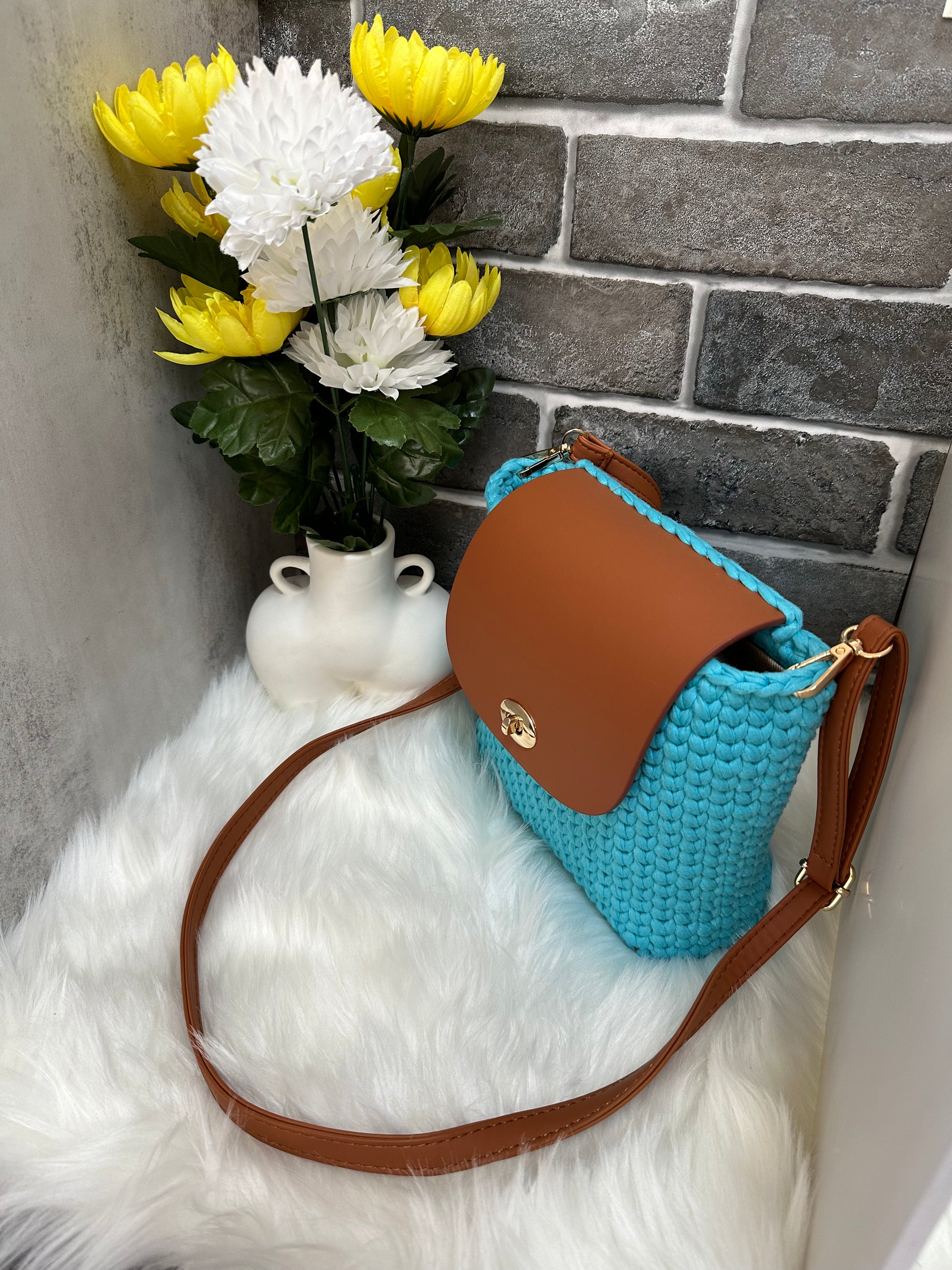 Shakaye Pleather & Cotton Durable Handmade Crochet Bag in light blue
