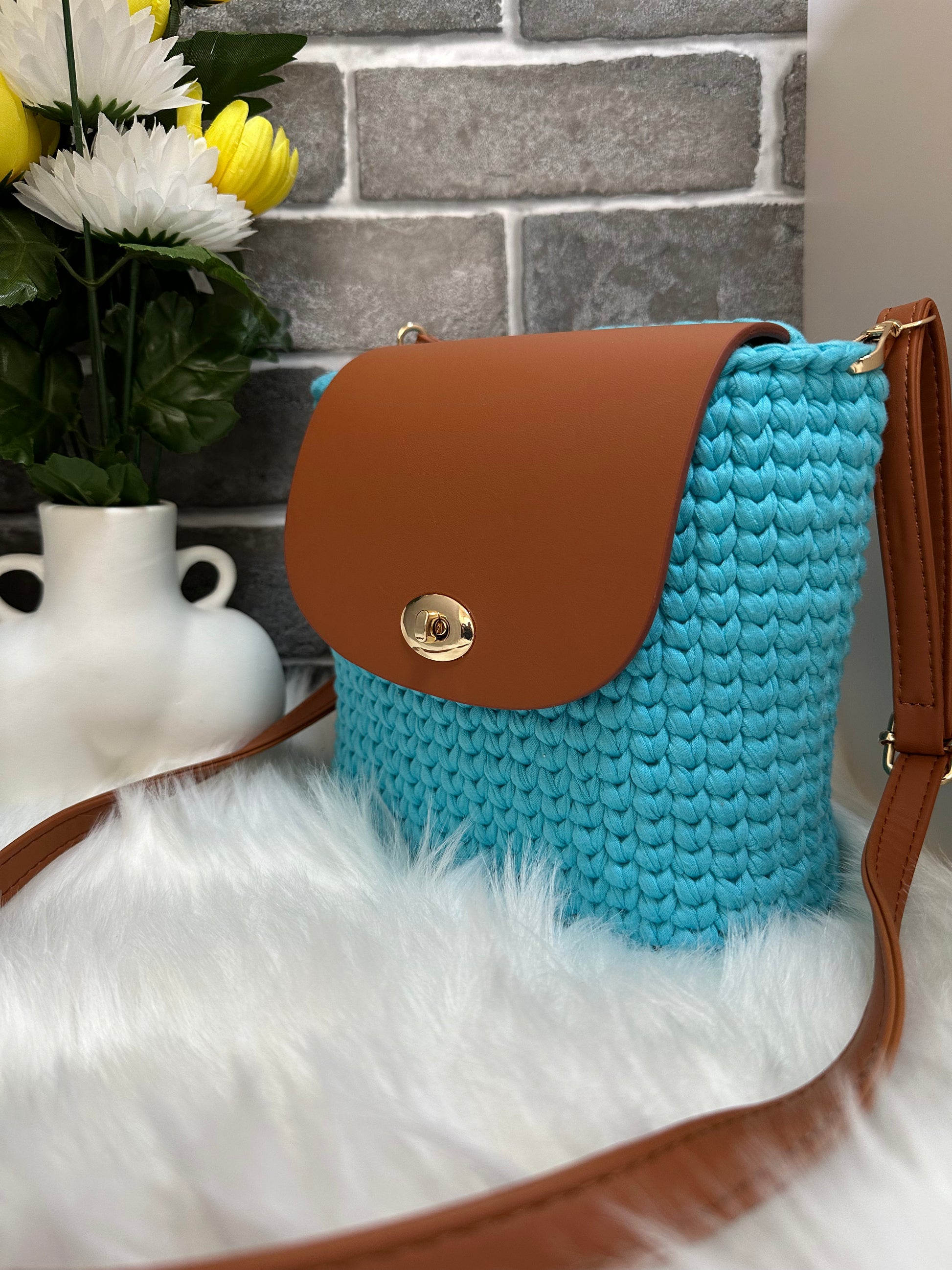 Shakaye Pleather & Cotton Durable Handmade Crochet Bag in light blue