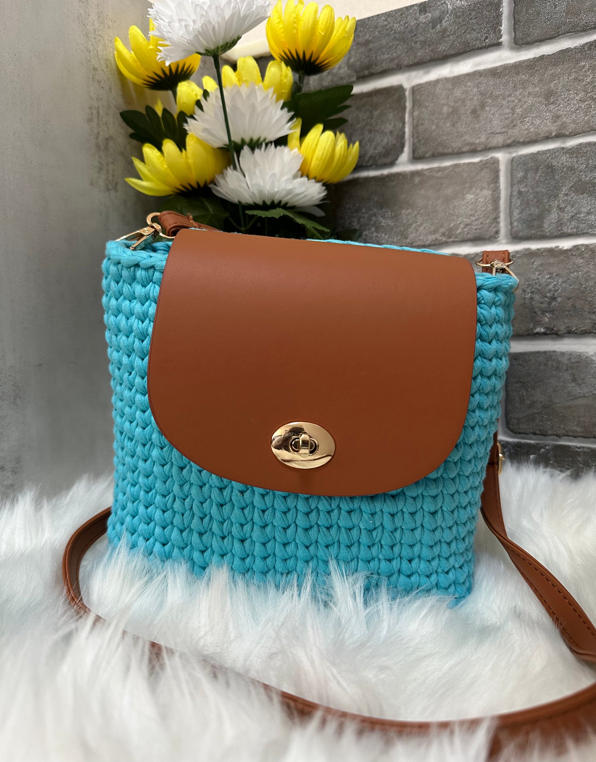 Shakaye Pleather & Cotton Durable Handmade Crochet Bag in light blue